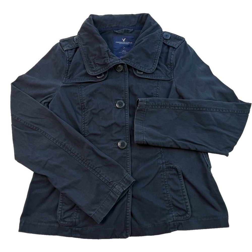 American Eagle Military Jacket Women's Large Y2K Navy Double Breasted Cotton